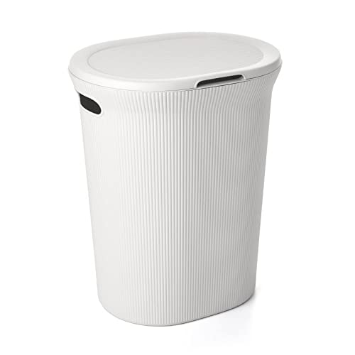 Image of Superio Ribbed Collection - Decorative Plastic Laundry Hamper with Lid and Cut-Out Handles, White (1 Pack) Basket Organzier for Bedroom Bathroom College Dorm Room 40 Liter