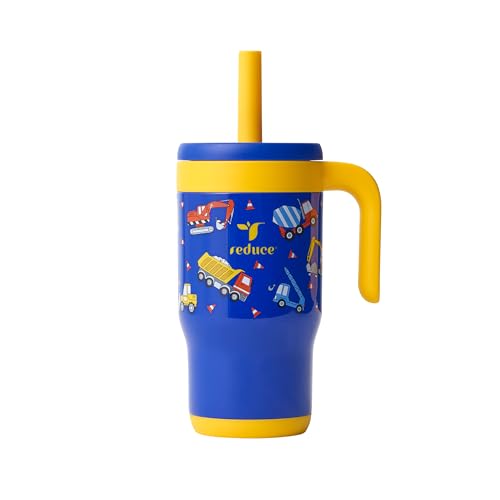 REDUCE CHILLER Travel Mug - 14 oz Insulated Stainless Steel Kids Tumbler with Spill-Proof Silicone Straw Stays Cold 18 Hours Dishwasher Safe for School & Travel - Little Builder