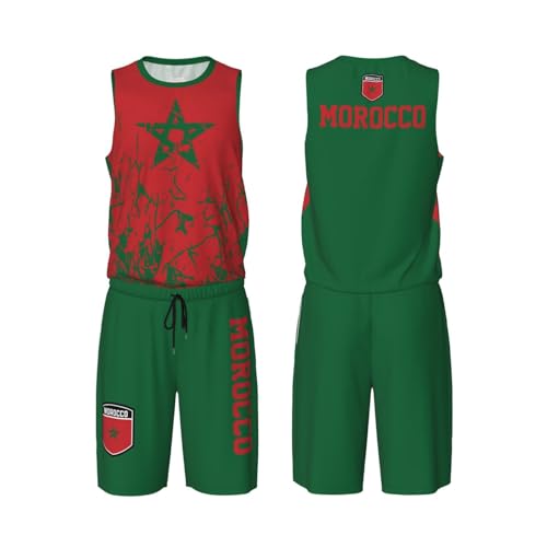Morocco Flag Grain (2) Basketball Jersey Uniform Suit for Men Adults Training Athletic Set