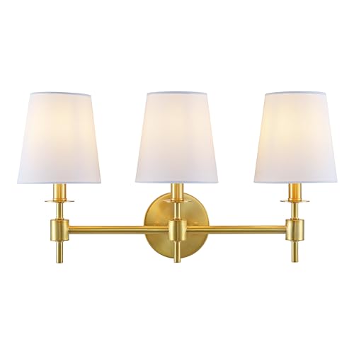 Image of SAFAVIEH Lighting - Davielle 3-Light 21-Inch Wall Sconce - Brass - Fabric Shade - 3-Light Design - Ideal for Vanity, Hallway, Bedroom, Bathroom - LED Bulbs Included (SCN4120B)