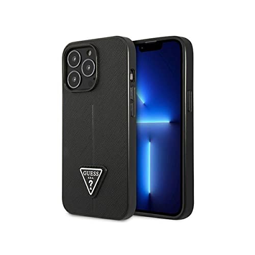 GUESS GUHCP14LPSATLK Coque pour iPhone 14 Pro 6,1" Noir/Noir Coque Rigide avec Logo Saffiano Triangle