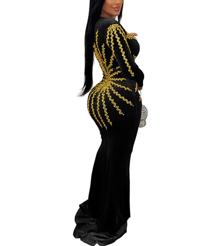 Image of Jigfar Women's Sexy Elegant Rhinestone Embellished Velvet Party Club Night Bodycon Formal Evening Maxi Dress