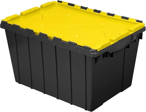 Image of Akro-Mils KeepBox 12 Gallon Storage Container, Nesting and Stackable Plastic Storage Box with Lid Attached, Organizer Tote for Garages, Closets, and Moving, 21-1 /2 inch x 15 inch x 12-1 /2 inch, Black /Yellow