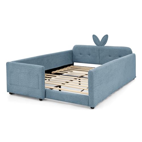 Image of Full Size Bed Frame for Kids, Upholstered Daybed Frame Floor Bed with Safety Rails and Storage Pocket Cute Rabbit Ear Shaped Headboard for Kids Teens Boys Girls, Blue