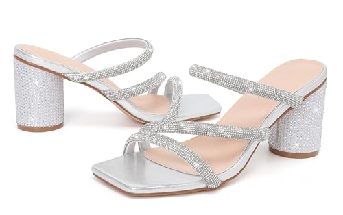 kkdom Women's Square Open Toe Glitter Chunky Heels Sandals Sparkle Bling Rhinestone Short Heels Mule Sandals Slip On Block Heels