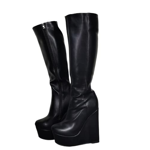Frankie Hsu Fashion Designer Modern Sexy Femmes Hommes Grande Taille Noir Compensée Plateforme Talon Haut Large Mollet Hauts Bottes Longues pour Femme US4-19, noir, 43 EU