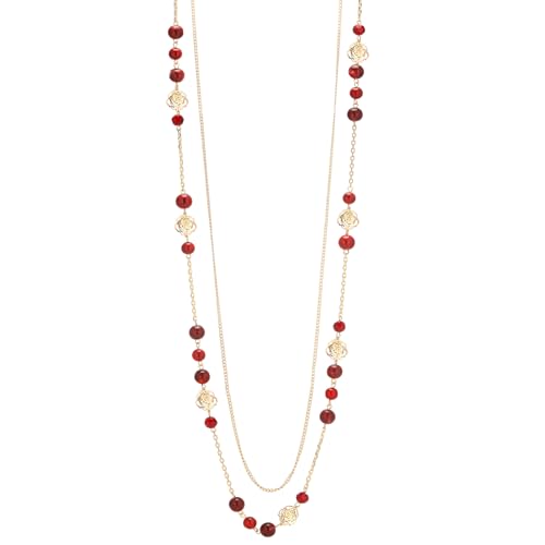 FULU AUTUMN Collier Femme en Or Long Sautoir avec Perles de Pierre Naturelle Double Rang Cadeau Anniversaire Bijoux Fantaisie pour Maman(Red)