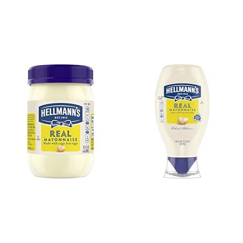 Bundle of Hellmann's Real Mayonnaise Real Mayo For a Creamy Sandwich Spread or Condiment Gluten Free, Made With 100% Cage-Free Eggs 15 oz + Hellmann's Real Mayonnaise Squeeze Bottle 20 oz