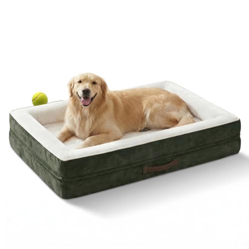 Upvilla Orthopädisches Hundebett XL, Hundekorb Waschbar mit Eierförmiger Kistenschaum，Wasserdicht Hundesofa mit rutschfeste Unterseite und Vierseitiges Kissen (Olive, 117x76x19cm)