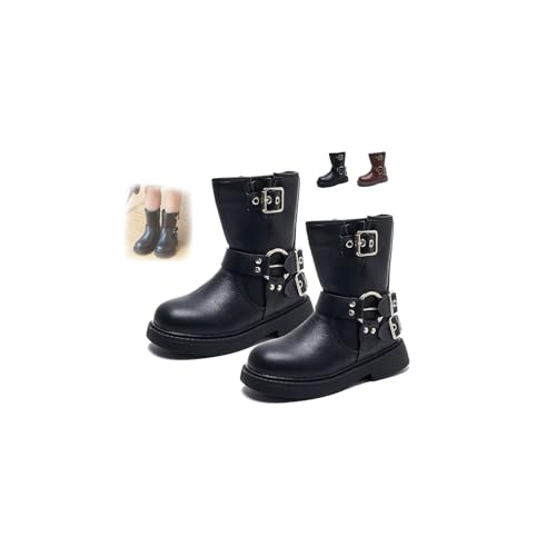 Girls fashion Side Zipper Combat Ankle Boots Round-Toe Soft Non-slip Waterproof Boots PU Leather Outdoor Hiking Boots Platform Casual Shoes (Black-A,11Little Child)