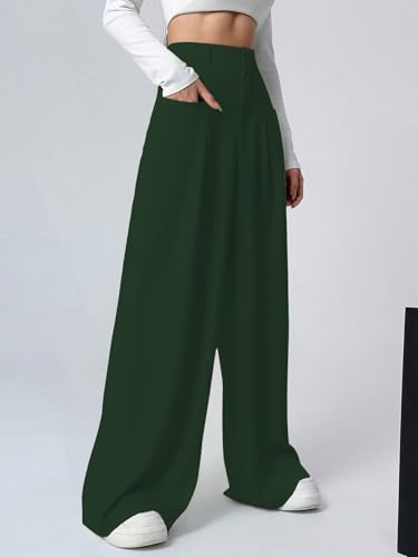 Image of Shasmi Women's Loose Mid Rise Solid, Pleated Trousers, Wide Leg Pocket Casual Long Korean Trousers Pant (146)