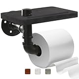 Helntova Industrial Pipe Wall Mounted Toilet Paper Holder with Shelf - Rustic Wood and Metal Bathroom Tissue Roll Holder, Farmhouse Decor for Bathroom-Black