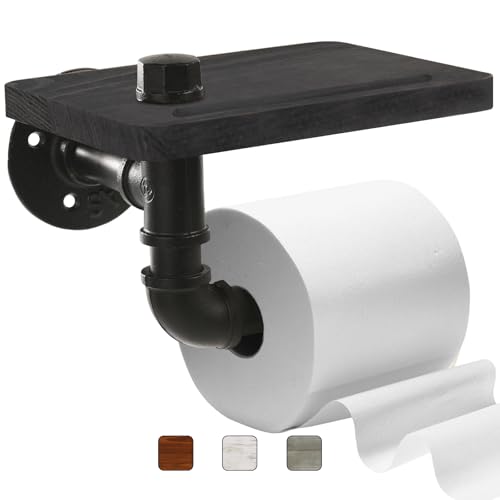 Helntova Industrial Pipe Wall Mounted Toilet Paper Holder with Shelf - Rustic Wood and Metal Bathroom Tissue Roll Holder, Farmhouse Decor for Bathroom-Black