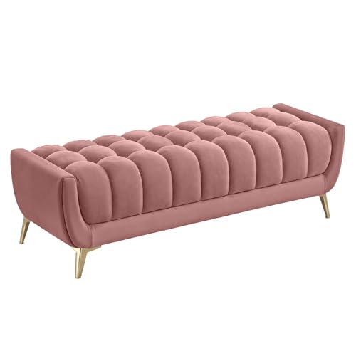 Image of Wooden 2 Seater Upholstered Bench Sofa | Hushkin Fabric Ottoman Bench & Footrest Stool | Modern Settee for Living Room, Bedroom & Office Entryway (Peach)