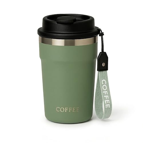 Image of Travel Coffee Tumbler with Lanyard - Insulated Stainless Steel Mug, Leak-Proof, Keeps Hot 6H & Cold 8H - Green, 400 ML