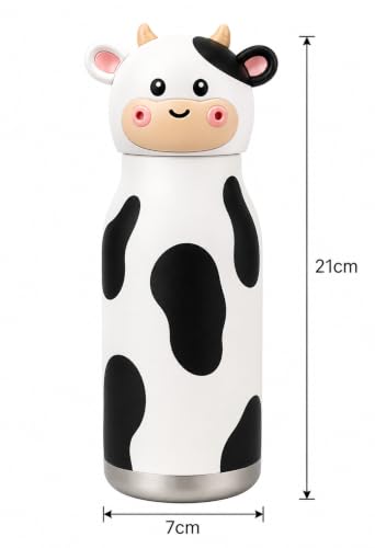 Image of 480ml Stainless Steel Sipper Water Bottle with Straw | Leakproof Animal Sipper Bottle | Reusable Drinking Bottle for School, Travel & Daily Use (Cow)