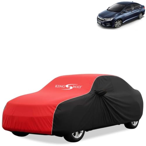Image of KINGSWAY Super Waterproof Car Cover Only with Honda City (Year 2017 to 2019 - All Model) | Mirror and Antenna Pockets | All Weather Car Body Cover with Silver Piping | Black Red