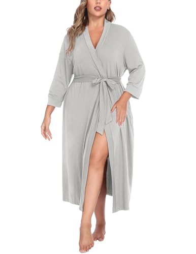 Image of IN'VOLAND Womens Plus Size Kimono Robes Long Knit Bathrobe V Neck Ladies Loungewear Lightweight Soft Sleepwear 1X-5X