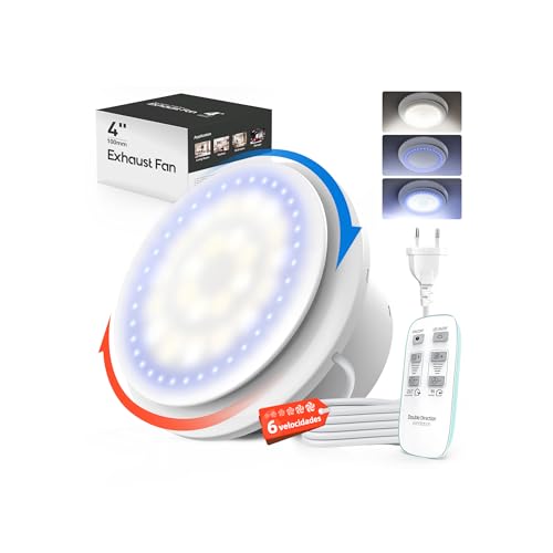 SBONNI Extractor de Baño 100 mm - 11 Efectos de Luz, 6 Velocidades, Bidireccional, Mejorado Ventilador Extractor de Aire Silencioso con Control Remoto - Potente para Baño, Cocina, WC, Garaje y Sótano