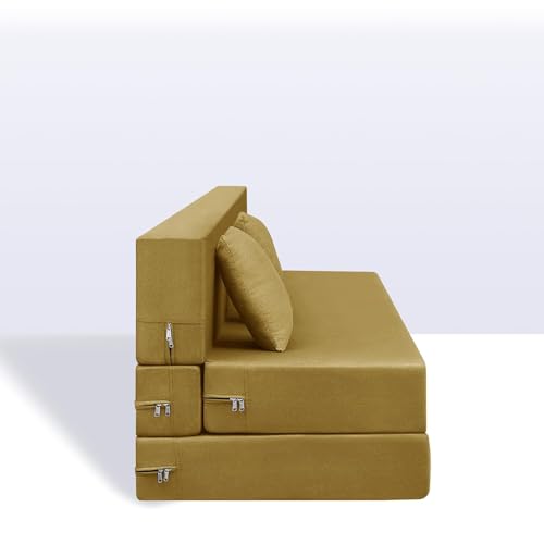 Image of Foldable Two Seater Convertible Sofa Cum Bed (4x6 ft) with Cushion | Jute Fabric | Ideal for Living Room & Guest Room - Golden Color