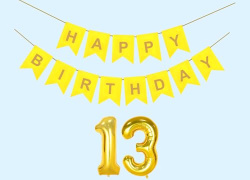Image of 13th Happy Birthday Decoration Kit Yellow for 13 year Old Boys Girls Teenage with Number Thirteen Party Decorations Decor Celebration Items Item Set Combo Reusable Paper Banner