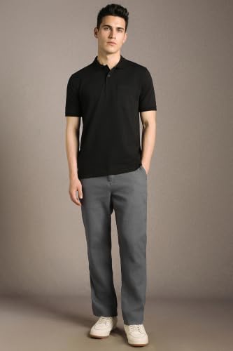 Image of Louis Philippe Men's Regular Straight Fit 100% Cotton Solid Elasticated Dobby Casual Trousers
