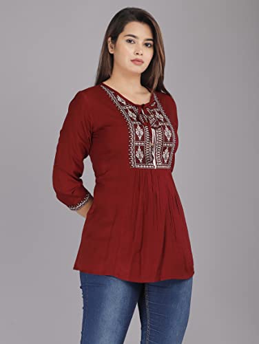 Image of Shiva Fab Short Kurti for Women | Embroidered Straight Rayon Kurta | Round Neck Full Sleeves Short Kurti for Women's