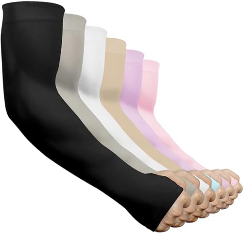 ZIBELL UV Protection Sunblock Arm Sleeves 6 Pairs with Thumb Hole: Moisture-Wicking, 4-Way Stretch, Breathable Fibre, Temperature Control Arm Covers for Men & Women