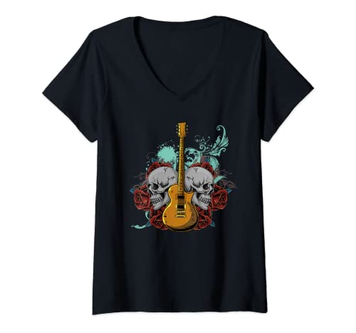 Womens Electric Guitar Skull Red Roses - E-Guitar Rock Guitarist V-Neck T-Shirt, Black