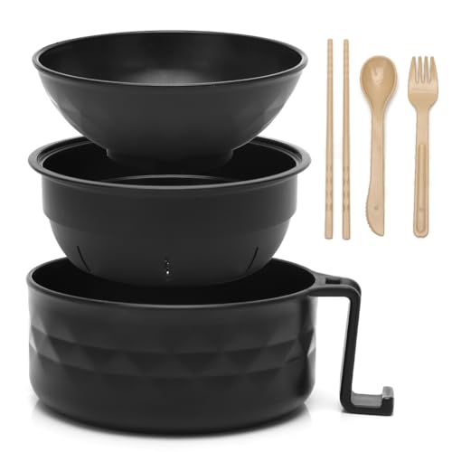 Juego de 6 cuencos de ramen, juego de ensaladera para microondas, juego de cuencos de ramen con tapa, cuchara, palillos, tenedores, cuencos para sopa instantánea (negro)