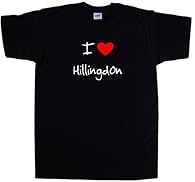 Slogan: I Love Heart Hillingdon Fruit of the loom Super Premium T-Shirt Crew Neck 200gsm Black with White design.