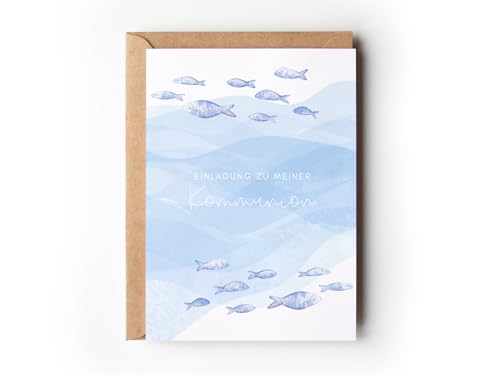 10 Einladungskarten Kommunion mit Umschlägen moderne Einladungen Erstkommunion minimalistische Einladungskarten Fische zum Ausfüllen Heilige Kommunion Jungen Mädchen (Einladung Kommunion Fische)