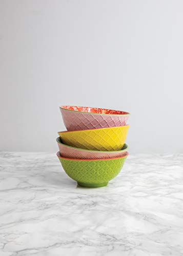 KitchenCraft Gemusterte Müslischale 4er Set in Geschenkbox, Keramikschalen ideal für Eis, Suppe und mehr, 'Brights' Designs, 15cm