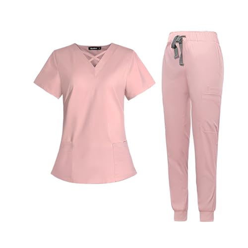 Meichoon Conjunto de Uniformes médicos para Mujer con 4 Bolsillos y Top de Manga Corta DK53Pink M
