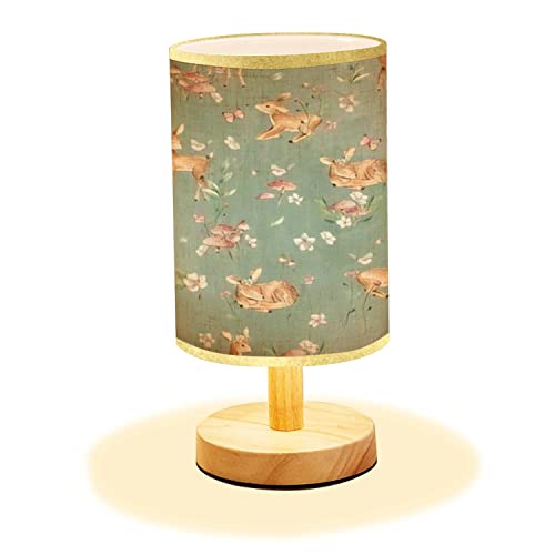 Image of Minimalist Bedside Table Lamp Baby Deer Watercolor Seamless Fawn Woodland Forest Animals for Nursery Wood Nightstand Desk Base Flaxen Fabric Shade Bedroom Living Room, 5.5x11inch