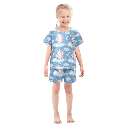 ALAZA Unicorn Moon Star Blue Pajamas Short Sleeve 2 Piece Sleepwear Top and Bottom Pajama Set Unisex3