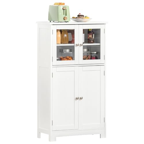 kleankin Columna de Baño Mueble Auxiliar de Baño con 2 Puertas de Vidrio Templado y Estante Ajustable en 3 Niveles Carga 25 kg para Cocina Comedor Sala 60x30x108,5 cm Blanco