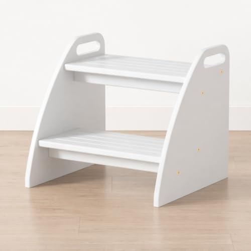 Image of Bamboo 2 Step Stool 300lbs Capacity, Wooden Two Step Stool with Non-Slip Handles, Heavy Duty Stepping Stool for Bedside High Beds Adults, Sturdy Small Bathroom Kitchen White Step Stool