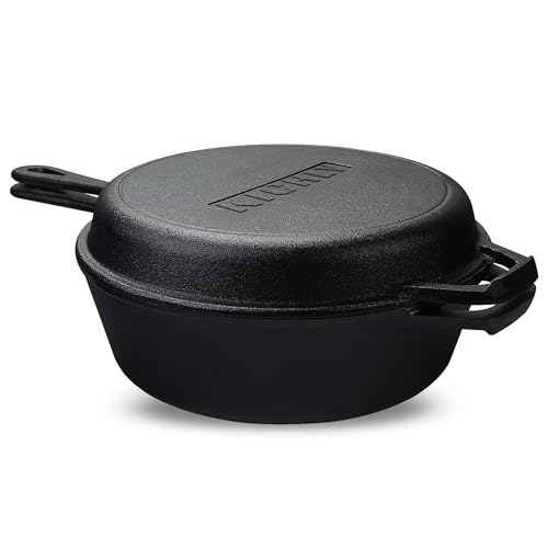 KICHLY Vorgewürzter Dutch Oven Feuertopf- Duale Funktion Bräter Gusseisen Topf – Gusseisenpfanne für Herd & Camping, für den Außen- & Innenbereich - 3L/3.2 Quart Koch set (2 in 1)