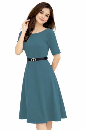 Image of Women's Elegant Midi Dress with Belt | Half Sleeve Fit & Flare Casual Dress | Knee Length Office Party Western Dress for Women