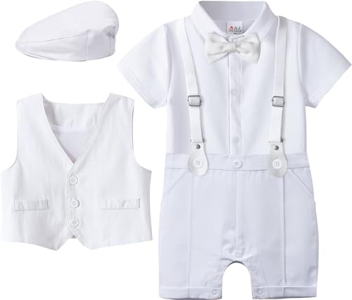 Image of A&J DESIGN 4pcs Baby Boys Suit, Gentleman Outfits 3 Months - 18 Months, Romper & Vest & Berets Hat & Bow Tie