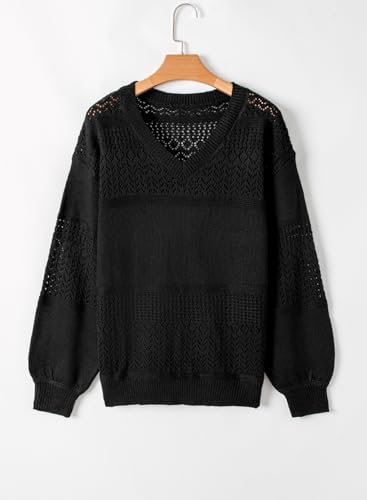 Image of SHEWIN Women's Sweaters Casual Long Sleeve V Neck Crewneck Lightweight Crochet Pullover Sweater Tops