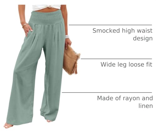 Image of ANRABESS Women Linen Palazzo Wide Leg Pants with Pockets | Smocked High Waist，Comfort Casual Flowy Pants，Lounge Everyday Wear，Summer Boho Cute，2026 Beach Travel Vacation Outfits