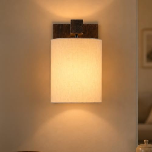 Image of Amazon Basics Deewar Sunset Wall Lamp | Wooden Bracket with Cream Fabric Shade | E14 Holder | Decorative Wall Light for Bedroom, Living Room, Hallway & Home Decor