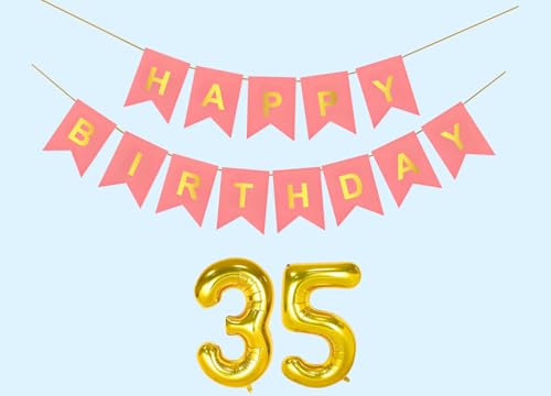 Image of 35th Happy Birthday Decoration Kit Light Pink for 35 year Old Boys Girls Men with Number Thirty-five Party Decorations Decor Celebration Items Item Set Combo Reusable Paper Banner