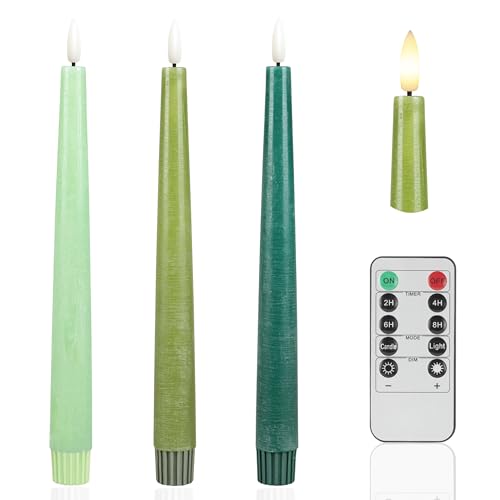 Image of Green Flameless Taper Candles, 9.6 inch Real Wax Battery Operated Candles with Remote, 3 Pack Flickering, Gradient Candlesticks, Fake Candle for Home, Wedding, Party Decor