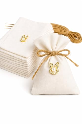 CREATI’L Lot de 25 Pochettes en Tissu Blanc Coquillage + Ficelle – Sachets à Dragées, Cadeaux Invités Baptême Naissance– Contenant Bijoux, Bonbons,...