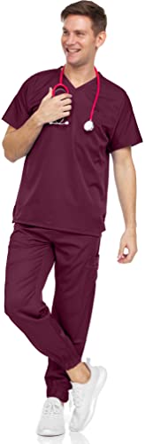 MediChic Men's Scrubs Set – Stretch V-Neck Workwear, 7-Pocket Jogger Pants, Flex Medical Uniforms, Wine Small