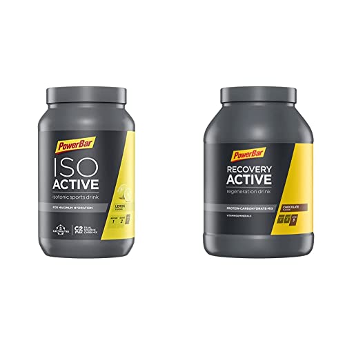 Powerbar Isoactive Lemon 1320g - Isotonisches Sportgetränk - 5 Elektrolyte + C2MAX & Recovery Active Chocolate 1210g - Regenerations Whey Drink mit Kohlenhydraten + Magnesium und Zink