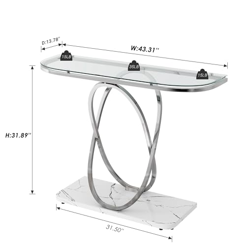 O&K Furniture Glass Console Tables For Entryway,Silver Entryway Table With Oval Frames And Marble Base,Chrome Entrance Table Glass Sofa Table For Living Room,Hallway,Silver Glass&White Faux Marble thumb #1